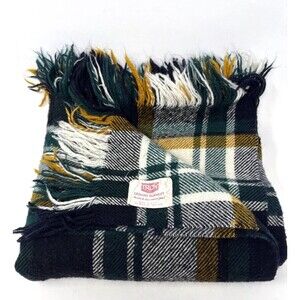 Vtg Troy Wool Leisure Blanket Green Navy Plaid Stadium Throw Fringe 48x53 USA
